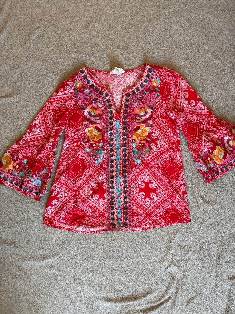 Savanna Jane Red Bandana Paisley Floral Embroidered Bell Sleeve Boho Top